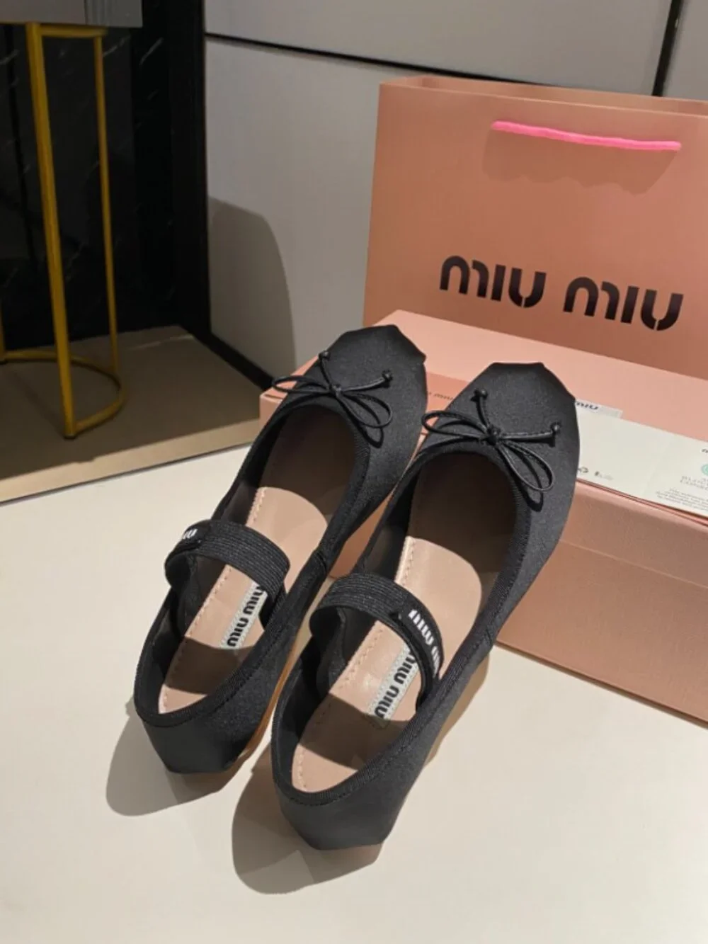 Miu Miu Black Flats Black Elastic Strap and Bow